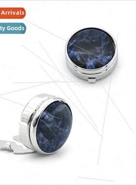 Men Round Mystic Blue Natural Stone Cufflinks Business Gemst
