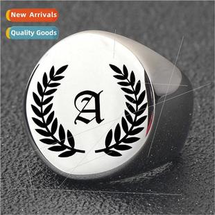 Alphabet Leaf Tanium Steel Glossy Round Stainless Ring