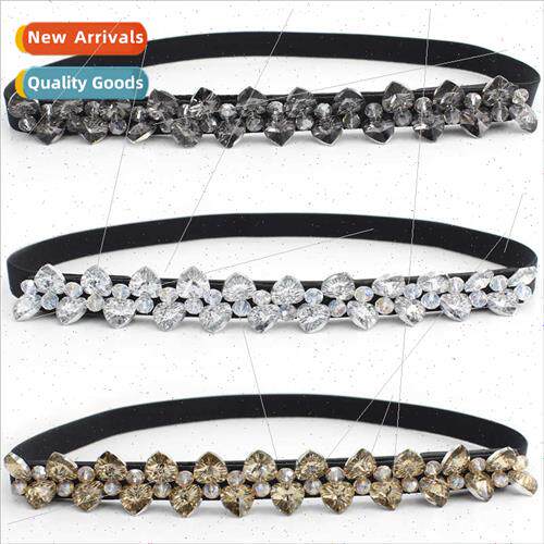 Press buckle elastic waist belt female decorative rhinestone