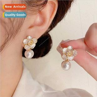 French delicate flower pearl earrings s925 silver pin premiu