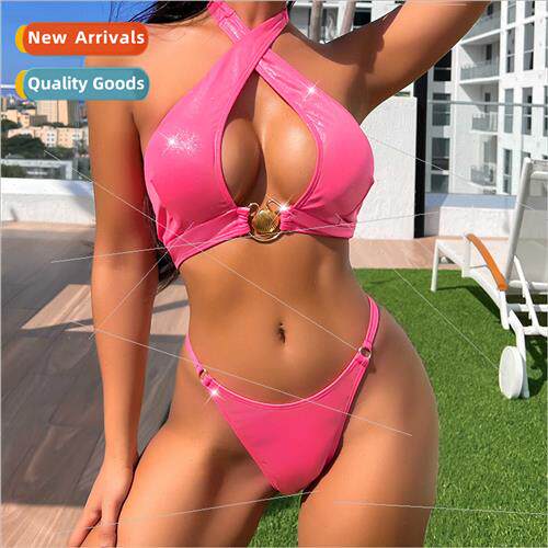 Women Bright Pink Metal Button Spl Swimsu Sexy Bikini iLZA00