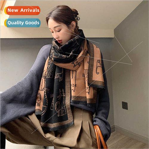 New thick tassel scarf female cat printed faux cashmere summ