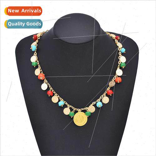 Coin Pendant Necklace Colorful Beaded Tassel Collar Bone Cha