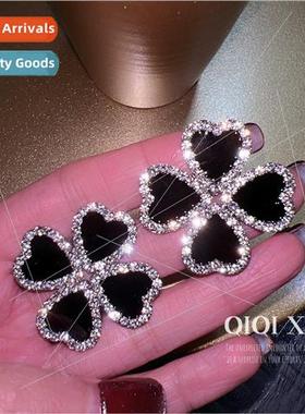 Europe black drop flower earrings new inlaid rhinestone peta