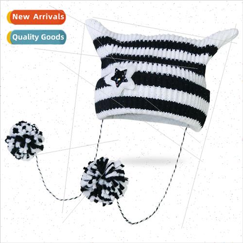 Japan cute five-star cat wool cap female ears striped devil