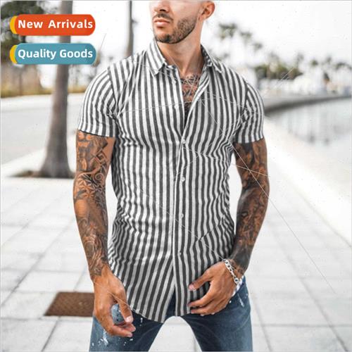 2023 New Striped Printed Short Sleeve Shirt Men Euro ze Men