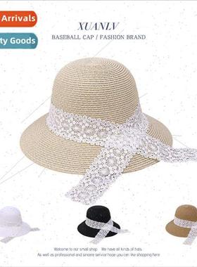 Summer straw hat female lace fluttering band large brim outd