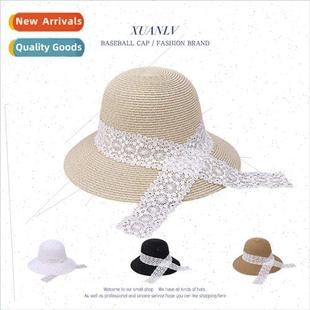 female lace brim straw outd large hat band Summer fluttering