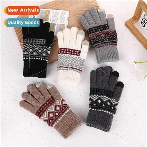 Fashion retro knted jacquard gloves padded touch screen stud