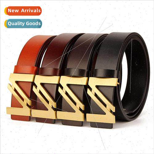 Men leather belt pure copper smooth buckle belt double V let
