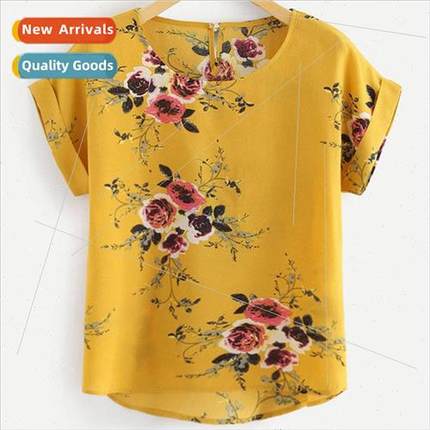 Summer Fashion Floral Print Blouse Pullover Ladies O-Neck Te