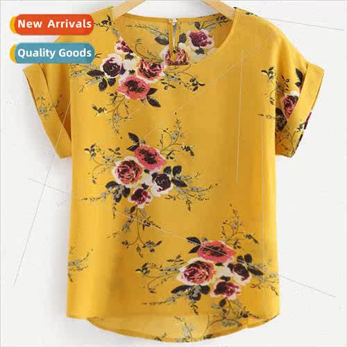 Summer Fashion Floral Print Blouse Pullover Ladies O-Neck Te