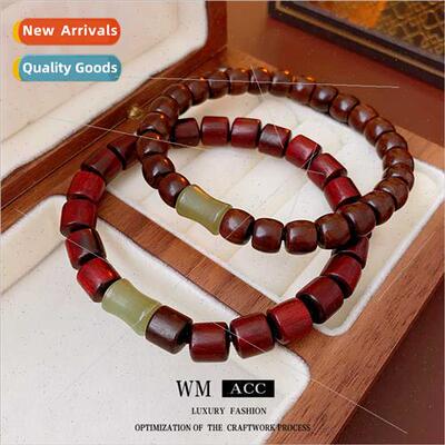 Sandalwood Cylinder Dark Red Bamboo Jade Stch Bracelet Hundr