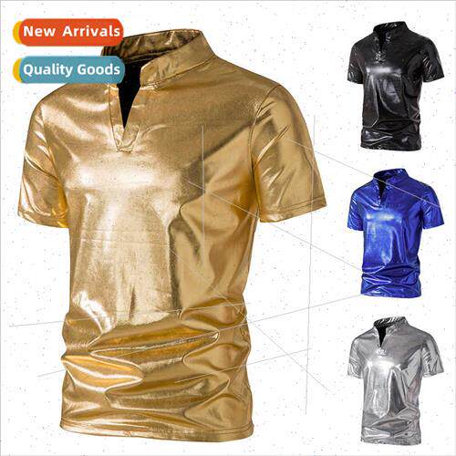 Men vest shiny Henry collar POLO men fashion nightclub T-shi