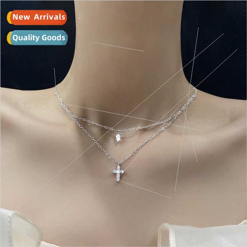 Delicate Double Layered Cross Necklace Set Drops Zirconia Ne