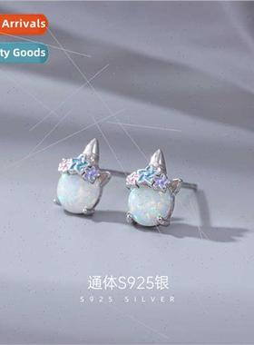 S925 silver opal rainbow unicorn earrings female niche simpl