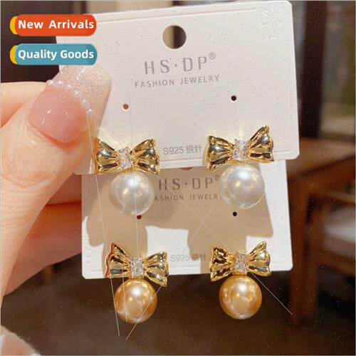 s925 silver needle sweet cute simple bow pearl earrings fema