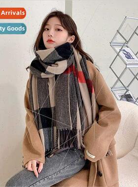 Scarf female 2021 winter new plaid printing tassel faux cash