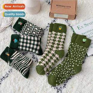 thousbird plaid mid Green cotton terry calf socks thickened