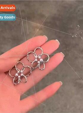 Korea925 silver needle tinfoil shell pearl flower earrings i