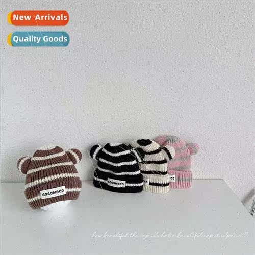 Letter striped children wool cap fall winter padded thickene