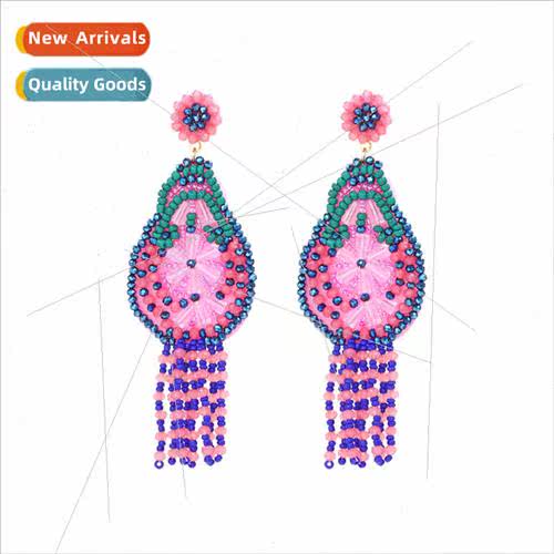 hand-woven long colorful crystals flowers tassel earrings li