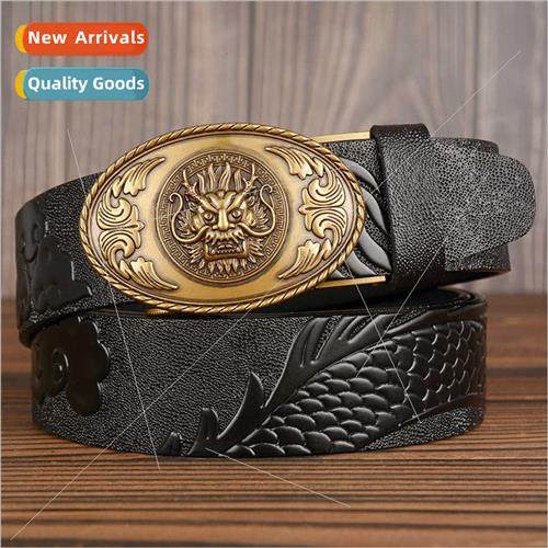 Men Belt Automatic Buckle Faucet Cowhide Dragon Pattern Carv