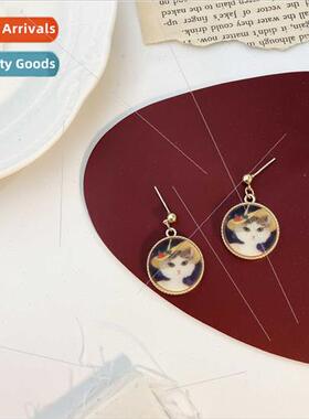 Retro circle cat earrings 2023 fall new French cute round ea