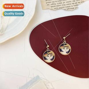 Retro circle cat earrings 2023 fall new French cute round ea