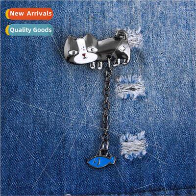 Cartoon Japanese brooch Cute cat eating small fish anchor sh