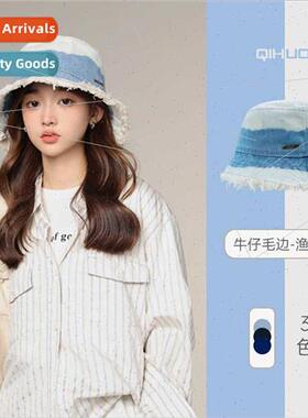 Raw edge color blocking cowboy fisherman hat female letters