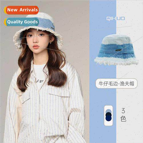 Raw edge color blocking cowboy fisherman hat female letters