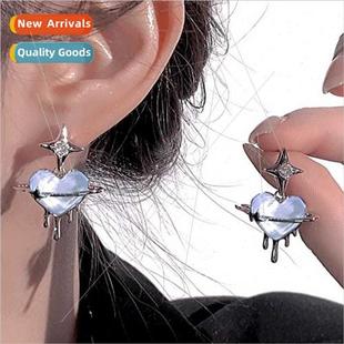Earrings Female Diamond Blue Stel Glter Heart Cool Ice Sweet