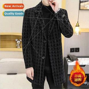 plaid coat gold Slim Korean length medium men tweed Winter