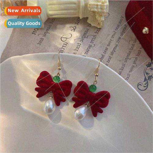 Bow tie velvet sweet earrings long love show whe wine red gi
