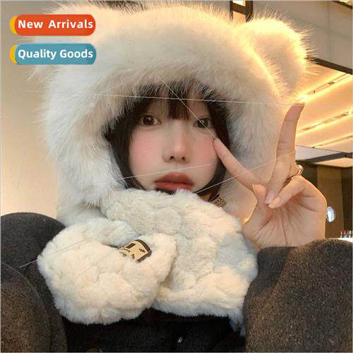 Bear plush hat scarf all-in-one female fall winter Korean  s