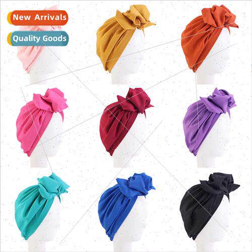 Solid Color Bow Wrap Hat Stch Fabric Pleated Flower Ethnic H