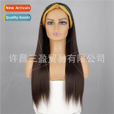 Hair band wig one-piece long dark brown head covering One-pi