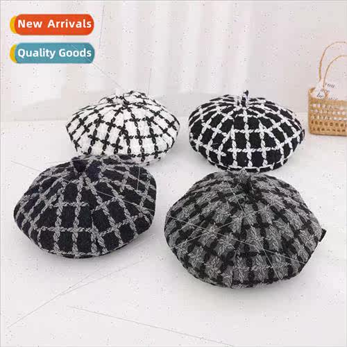 Ins wind autumn winter new two-color lattice beret Korean ba