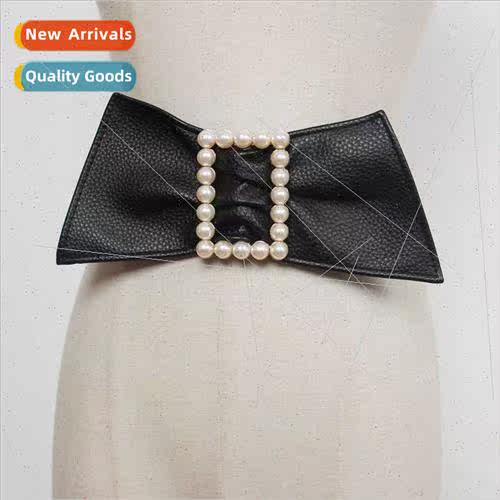 Elegant bow elastic waist seal female pearl square buckle wi