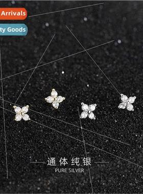 four-leaf flower wh diamond S925 silver earrings Korea simpl