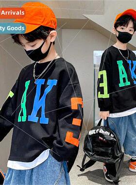 Children spring fall thin round neck letters long-sleeved T-