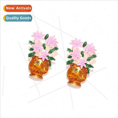fresh sweet alloy oil drops potted flowers earrings temperam