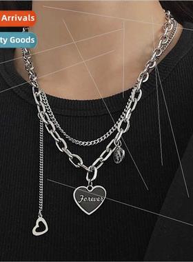 Black love heart necklace women niche ins hip hop double lay