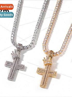 Europe full zirconium crown cross pendant necklace men coppe