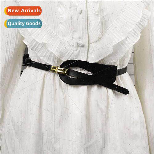 Cowhide Decorative Wide Belt Women Oblique Dresses Sub Su Sh
