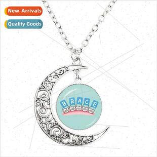 New Creative Cut Cartoon Toothed Moon Necklace Round Glass