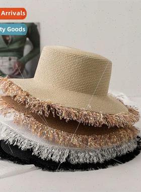 Flat-top tasseled bowler hat wide-brimmed summer lady hat su