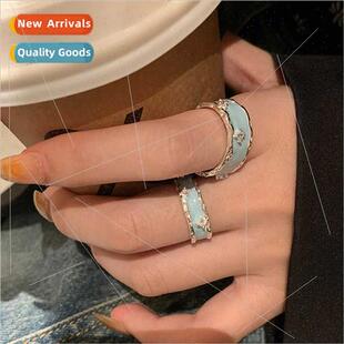 simple blue drip female new 2023 glaze Sky tide niche ring