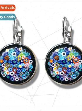 Murano Millefiori Earrings Multicoloured Floral Glass Caboch